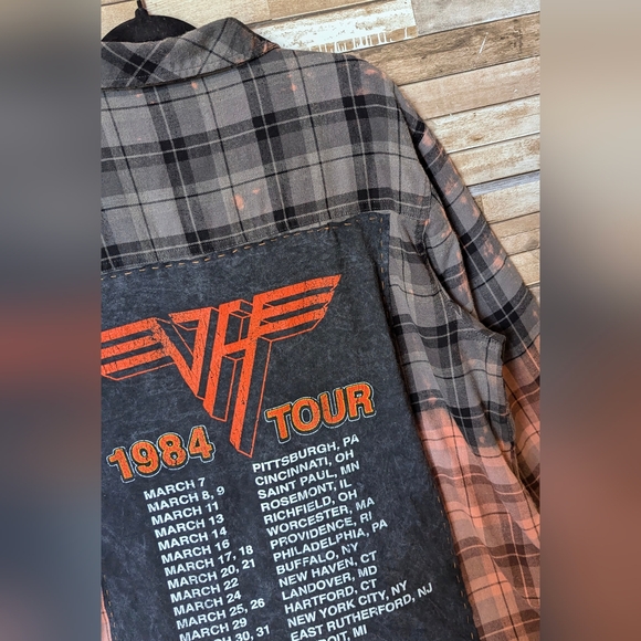Van Halen World Tour 1984 Upcycled Dip Dye Bleach Flannel Shirt - Picture 5 of 15